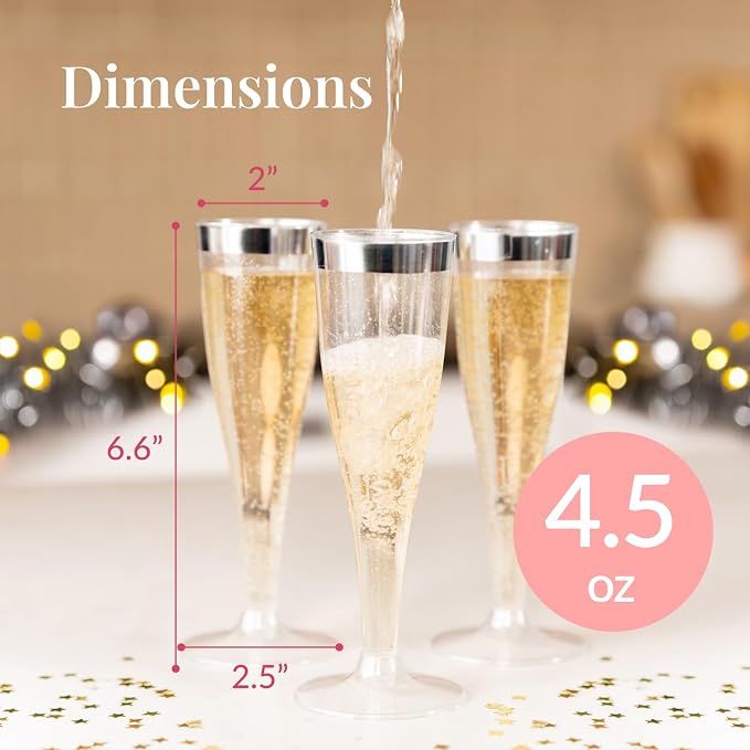Prestee Set of 24 Silver Glitter Plastic Champagne Flutes - 4.5 oz Capacity - Shatterproof Durable Disposable Glasses - Elegant Design - Ideal for Weddings, Cocktail Parties, and Outdoor Celebrations
