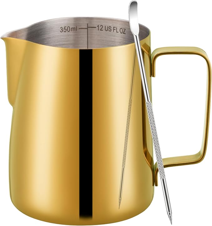 Amrules Milk Frothing Pitcher 12oz Frother Cup Barista Tools, Gold | 18/8 Stainless Steel, 12oz Capacity with Clear Scale, with Decorating Pen, Ergonomic Handle, for Cappuccino, Latte & Espresso