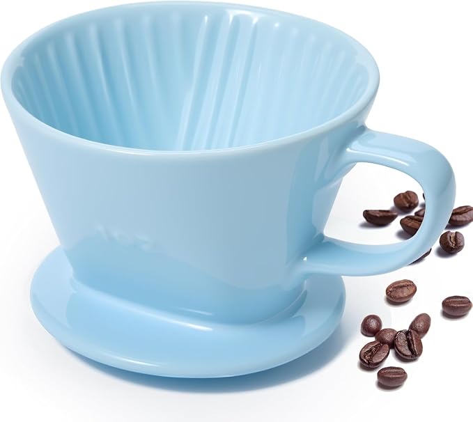 Pour Over Coffee Dripper, Ceramic Pour Over Coffee Maker, Blue | 3 Holes Flat Bottom, Easy Manual Brew Maker, Porcelain Slow Filter Cone for Travel, Camping, Office, Home