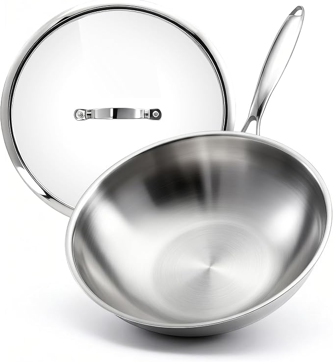 WANGYUANJI 4.2 QT Tri-Ply Stainless Steel Wok Pan with Lid, 12" Flat Bottom Stir Fry Skillet for Asian Cuisine, Premium 18/10 Induction Cookware for 3-4 Servings, Oven Safe