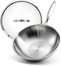 WANGYUANJI 4.2 QT Tri-Ply Stainless Steel Wok Pan with Lid, 12" Flat Bottom Stir Fry Skillet for Asian Cuisine, Premium 18/10 Induction Cookware for 3-4 Servings, Oven Safe