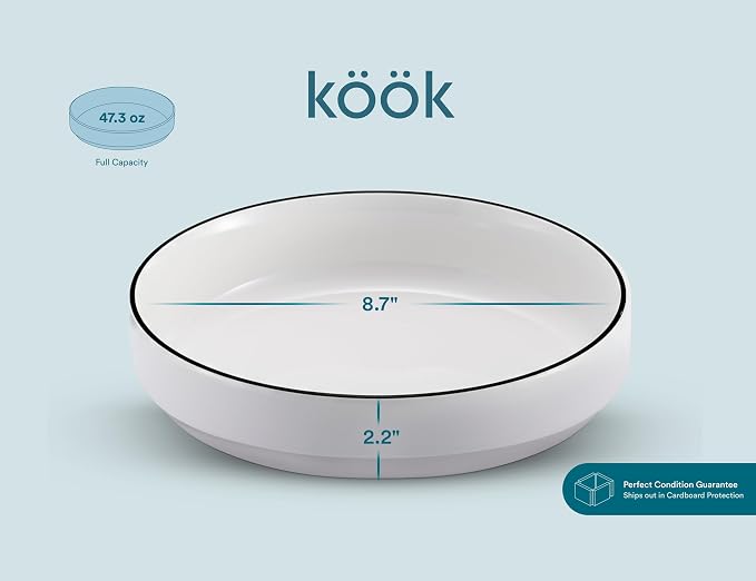 KooK Ceramic Large Pasta Bowls, Microwave and Dishwasher Safe, Great for Soups and Salads, Shallow Serving Bowls, Glossy Porcelain, 47 oz, Set of 4, French