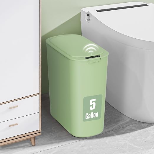 Cesun 5 Gallon Automatic Bathroom Trash Can with Lid, Green, Touchless | Motion Sensor, Slim, Small Smart Garbage Bin, Plastic, Battery Operated, Manual Button, for Office/RV/Bedroom/Living Room