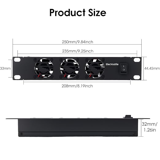 10 inch 1U Rack Mount Fan Panel with Switch, Metal Case | 5V Adapter Included, 3-Fan, Exhaust Cooling, Fits 10-inch Mini Server Rack