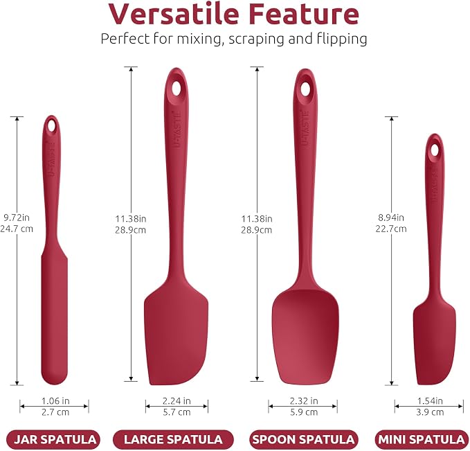 U-Taste Silicone Spatula Set with 600 Degrees Fahrenheit Heat Resistant (Red) | Food Grade Hot-Proof Seamless Rubber Scraper, Kitchen Flexible Silicon Cooking Utensil Set, Diswasher Safe Baking Supplies
