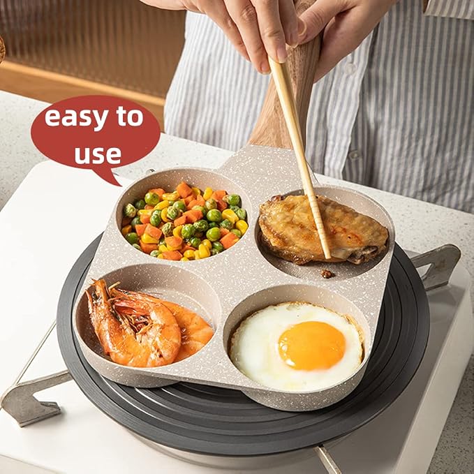 Four-Cup Fried Egg Pan, Medical Stone Non-Stick Frying Pan for Breakfast,Divided Skillet Suitable Gas Stove and Induction Cooker (3-inch eggs) White