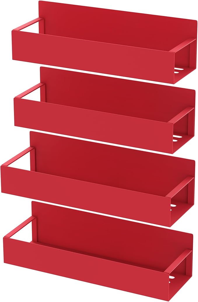 4 Pack Magnetic Spice Storage Rack Organizer for Refrigerator and Oven, Red Fridge Organizers and Storage | Magnetic Shelves Heavy Duty for Fridge in Kitchen, Seasoning Storage Organizer, For Oven Washer and Dryer, For Heavier Items