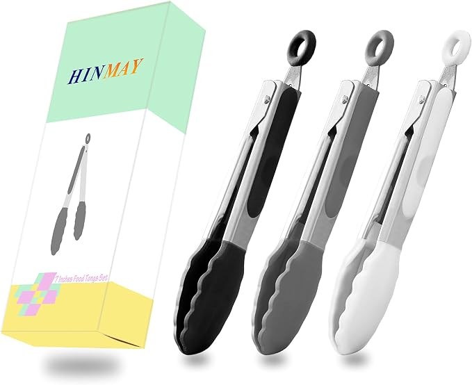 HINMAY Small Silicone Tongs 7-Inch Mini Serving Tongs, Set of 3 (Black Gray White) | Black Gray White