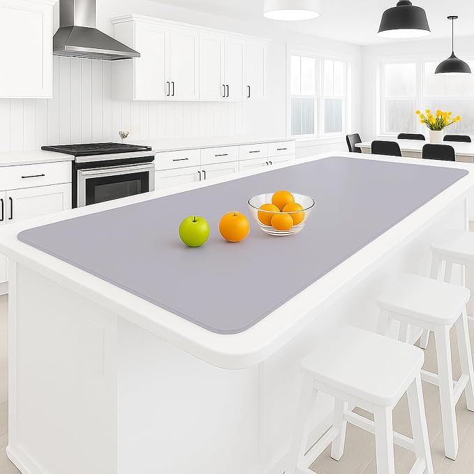 Silicone Mat 35.4"x23.6" Silicone Mats for Kitchen Counter Heat Resistant Mats for Countertop, Countertop Protector Mat, Edge Heightening Nonstick Waterproof Multipurpose Table Mat (Light Gray)