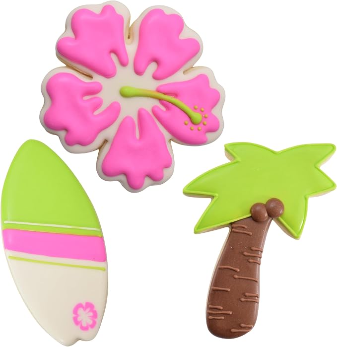 R&M Surf's Up Beach Themed Cookie Cutter 3 Piece Set. Includes Hibiscus Flower, Palm Tree and Surfboard Cookie Cutter.