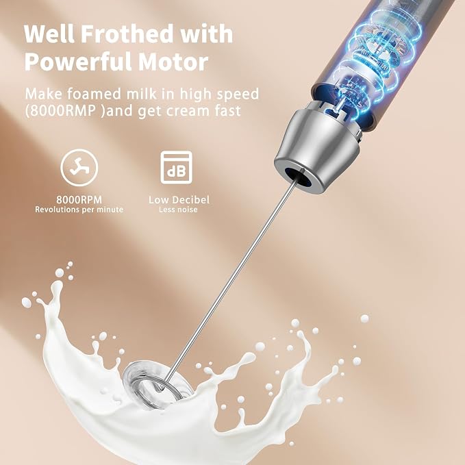 Maestri House LunaFro Rechargeable Milk Frother,Stand & 2 Detachable Whisks | 8000RPM Turbo Motor, 1200mAh lithium battery, Handheld Milk Frother for Lattes, Cappuccino, Matcha & Powdered Supplements