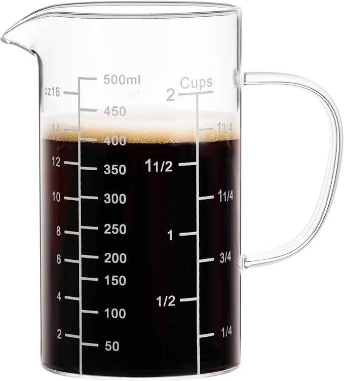 PARACITY 2 Cup Glass Measuring Cup, Liquid Measuring Cups with three Scale and V-Shaped Mouth, Glass Coffee Cups with Handle, Glass Beaker for Kitchen or Restaurant 500 ML | Coffee measuring cup and glass beaker with spout and handle; 3 scales availabl...