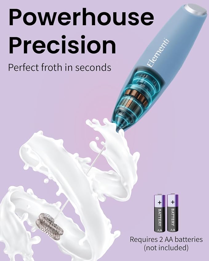 Elementi Milk Frother Wand - Easy to Use Handheld Electric Stirrer for Powder Drinks, Durable & Powerful Coffee Whisk & Protein Powder Mixer Wand, Hand Frother, Coffee Stirrers Electric (Pastel Blue)