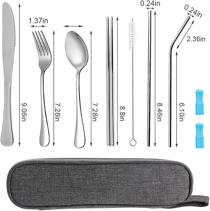 Travel Utensils Set with Case Reusable Portable Cutlery Set Stainless Steel 8pcs Including Dinner Knife Fork Spoon Chopsticks Straws(Silver) | Dishwasher Including Dinner Knife Fork Spoon Chopsticks Straws Travel Fork Spoon Knife for Work, School, Camp...