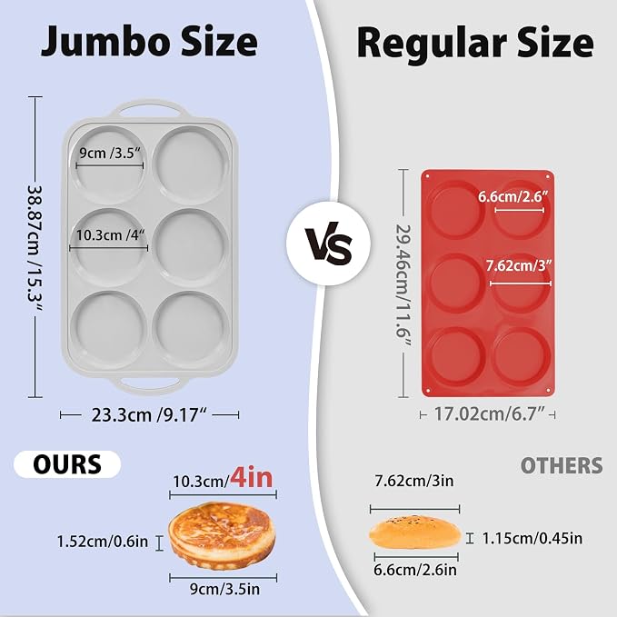 4 Inch Jumbo Silicone Muffin Top Pan with Frame Non Stick Egg Mold Baking | Silicone Egg Mold for Oven, Large Whoopie Pie Baking Pan with Handle for English Breakfast Sandwich Egg Bite Bun Tart Vnray