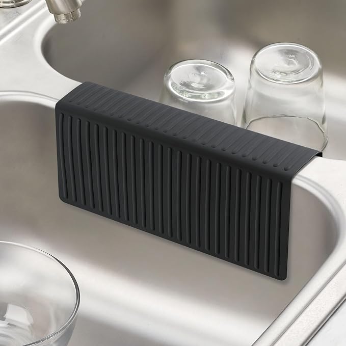 Bligli Silicone Sink Saddle, Large and Durable Sink Divider Mat with No Suction Cups, Kitchen Divided Sink Protector Mat for Glassware Dishes, Easy to Clean and No Smell, 11.8" x 12.4" (Black)