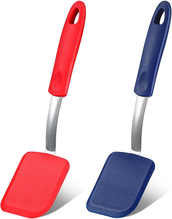 Silicone Cookie Spatula Turner 2 Pack Mini Brownie Spatula Flexible Kitchen Small Silicone Turner for Nonstick Cookware Heat Resistant No Scratch Flipper for Egg(Solid Flat,Red,Blue)
