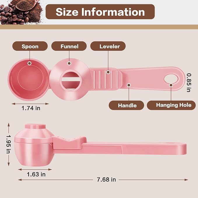 2-in-1 Coffee Scoop with Funnel, 2 Tbsp Measuring Spoon for Reusable K Cups, Ground Coffee, Protein Powder & Tea, Mess-Free Plastic Design（Pink-2pack）