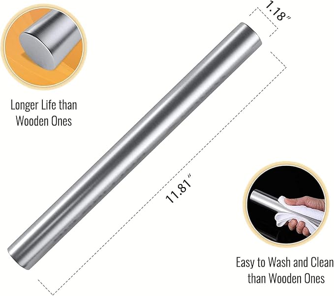 tonchean 304 Stainless Steel Chopping Board with Lip, 35.4”x 19.7” Large Steel Cutting Board with Rolling Pin, Metal Noodle Board Pastry Board Kneading Dough Board for Kitchen Restaurant