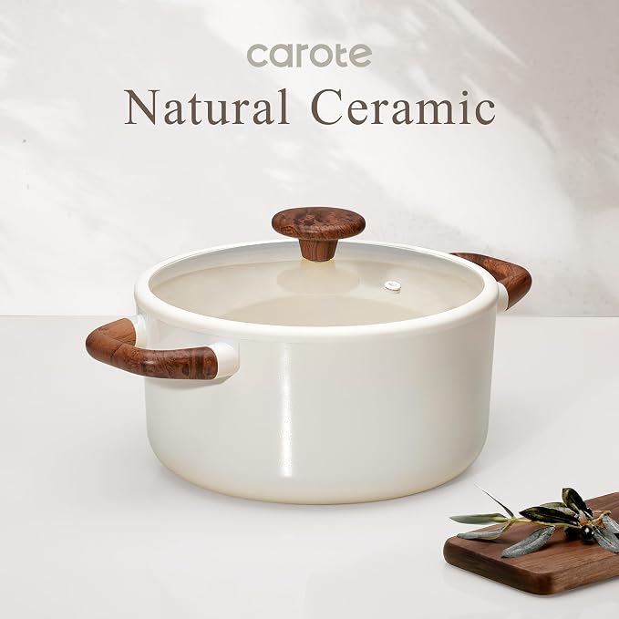 CAROTE 5QT Nonstick Stock Pot with Lid, 5 Quart Casserole with Ladle, Even Heating Stockpot, Fits All Stoves, Non Stick Big Cooking Pots PFOA Free, White