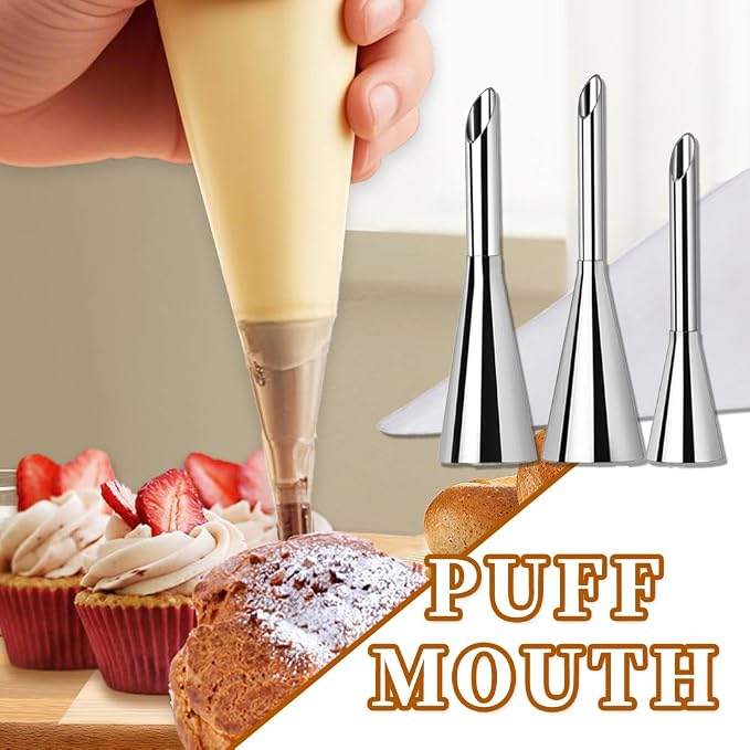 3PCS Puff Cream Filling Piping Tips with 50Piping Bags for Donuts,Eclairs | Long Piping Nozzle Tips,Puff,Eclairs,Cream Filling Nozzles,Cream Injector Tips,donut filler injector,with Tip Cleaning Brush