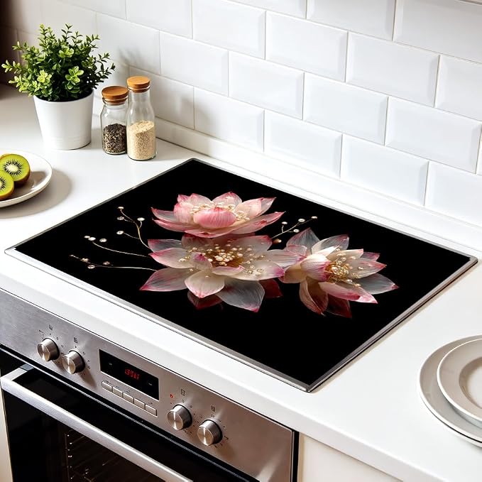 Pink Pearl Lotus Flower Black Stove Top Cover 28.35x20.47in Glam | Pink pearl lotus flower black stove top cover 28.35x20.47 in; modern glam cooktop mat dishwasher safe machine washable