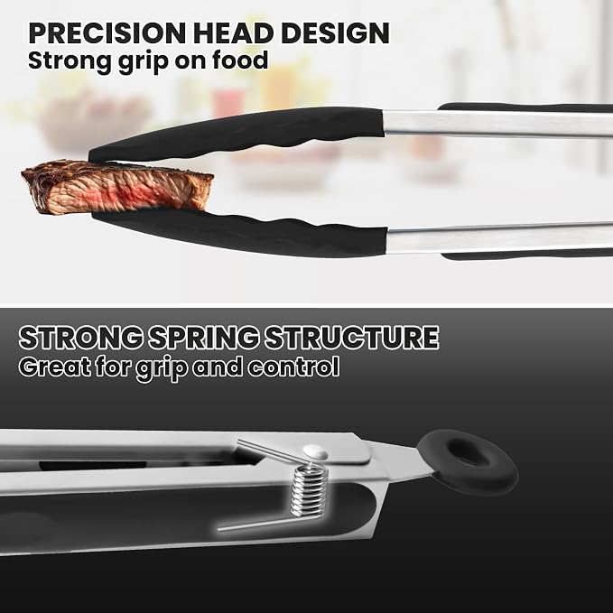 9-Inch Kitchen Tongs for Cooking with Silicone Tip,Black | 600℉ Heat-Resistant,Stainless Steel Locking Cooking Tongs Food Tongs for BBQ/Cooking/Salad/Serving Food,Heavy Duty,Non-Stick