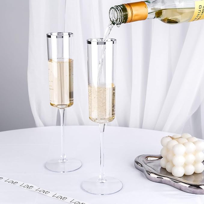 Ciaell 24 Pack Silver Plastic Champagne Flutes for Weddings Birthdays | 6 oz Silver Rim Square Toasting Cups, Heavy Duty Plastic, Champagne Wine Mimosas for Anniversaries Parties Bars
