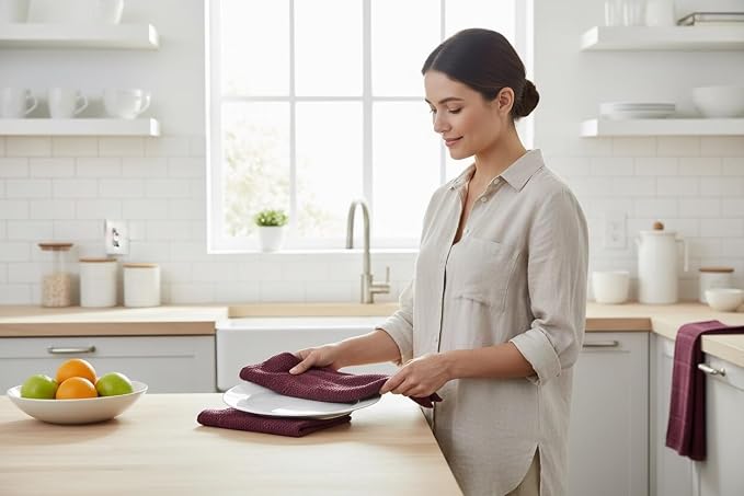 Burgundy Red Wine Kitchen Dish Towels, Set of 3, 100% Cotton, 18" x 28" | Terry Loop Textured, Soft & Absorbent Cleaning Cloth, Quick Dry, Multipurpose for Everyday Use