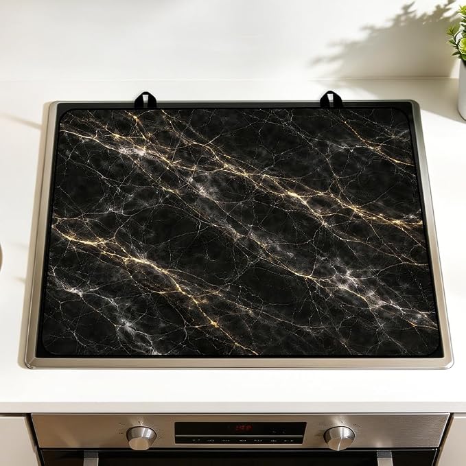 Black Gold Marble Stove Top Cover for Electric Gas Glass Top Stove | Black and gold marble kitchen decor; non-slip stovetop cover, glass cooktop cover, faux marble counter mat for glam kitchen