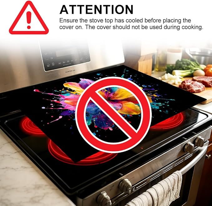 Colorful Hibiscus Watercolor Splash Stove Top Cover 28.35x20.47in | Colorful hibiscus watercolor splash stove top cover 28.35x20.47 in; floral art cooktop mat dishwasher safe machine washable