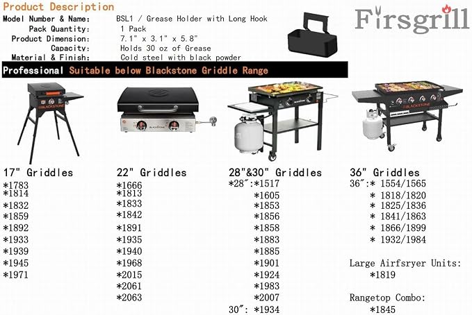 Firsgrill Professional Replacement Blackstone Griddle 17, 22, 28, 30 & 36 inches Grease Cup Foil Tray pan (BSL13)