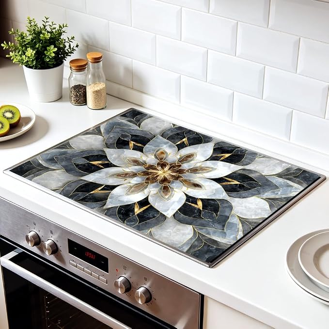 Floral Mandala Stove Top Cover 28.35x20.47 in Non Slip Mat | Heat Resistant Cooktop Protector Mat with Non-Slip Backing, Scratch Protection and Countertop Drying Mat.