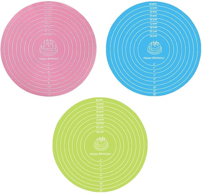 3 Pcs Silicone Cake Mats, 12 Inch Round Silicone Baking Mat with Measurements Reusable Non-Stick Non-Slip Heat Resistant Cookie Mat for Cake Turntable Pizza Dough Pastry Rolling (Pink, Blue, Green)