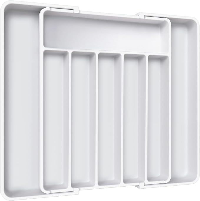 Aujen Silverware Drawer Organizer, Adjustable Utensil Cutlery Tray | Expandable Kitchen Organizer for Forks Knives, Multipurpose Kitchen Storage, Apartment Essentials, White, Large