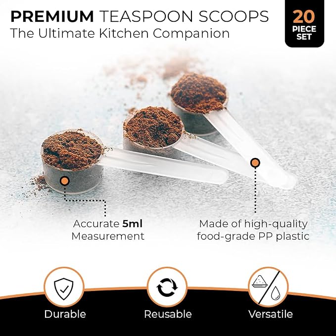 20 Pack Teaspoon Measuring Spoons, 1 Tsp (5 mL) Plastic Creatine Scoops | Clear short-handle 1 tsp scoops for creatine, coffee, spices, grains, powders, baking ingredients, supplements and dry goods.