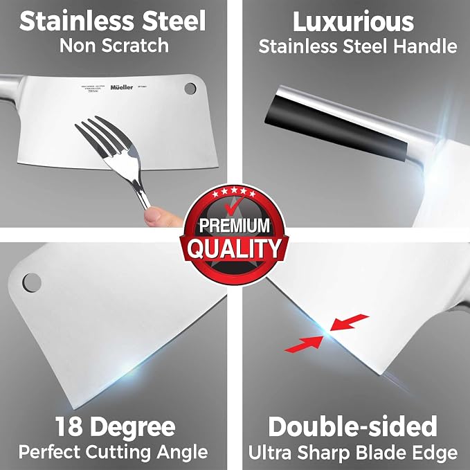Mueller 7-Inch Meat Cleaver Butcher Knife - German High Carbon Steel, Laser-Tested Razor-Sharp Blade, Heavy Duty Bone Chopper for Meat & Vegetables, Home & Restaurant, Gift for Him | Laser-Tested Razor-Sharp Blade, Heavy Duty Bone Chopper, For Meat & V...