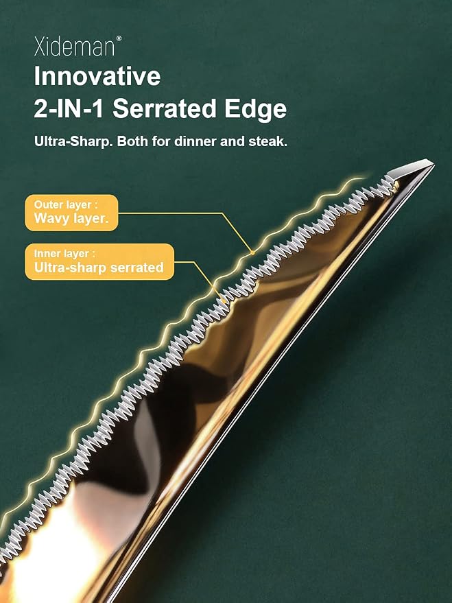 Xideman® 16-Pc Gold Silver Hammered 18/10 Stainless Steel Silverware Set | Ultra Sharp 2-IN-1 Serrated Knives, Ergonomic Non-Slip Handles, Service for 4, Rust Resistant, Dishwasher Safe
