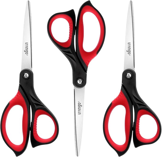 LIVINGO 8.5-Inch Office Scissors All Purpose, 3 Pack Household Shears, Red | Stainless Steel Blades, Comfort Handles, Fabric Paper Cardboard Cutting, Office School DIY Craft Supplies