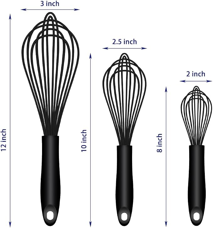 OYV Dishwasher Safe Silicone Whisk, Sealed Waterproof Design Set of 3, Professional Kitchen Whisks for Cooking Non-Scratch, Silicone & Stainless Steel Whisk, Heat Resistant Balloon Egg Beater, Black