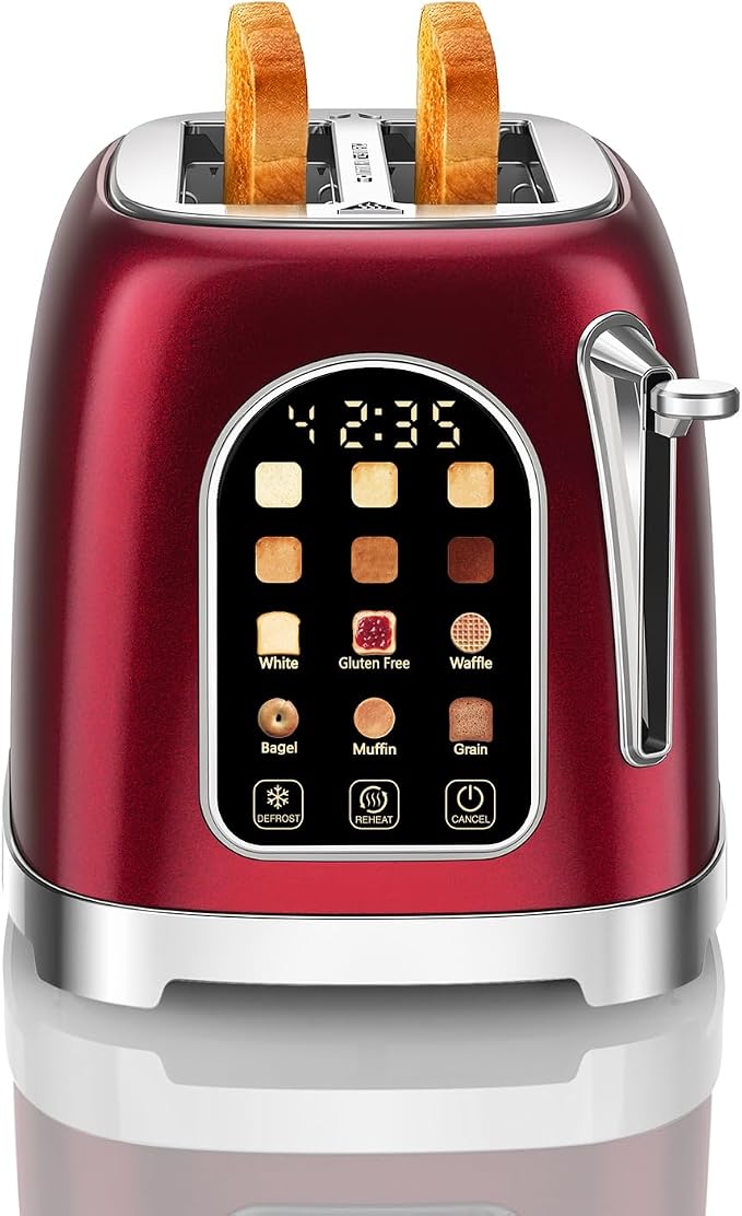 RONGBEST Retro Stainless Steel 2 Slice Toaster with Touchscreen Wide Slot for Family Breakfast Bagel & Bread, Reheat & Defrost, 6 Browning Levels, Removable Crumb Tray, Red Pearl