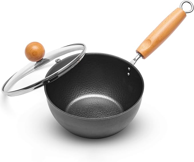 Small Carbon Steel Wok with Lid, 7-Inch 1.5QT Flat Bottom Pan | Uncoated mini wok for ramen, soup and eggs; induction-ready flat bottom design sized for 1-2 servings and everyday meal prep.