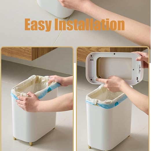 Yatmung Motion Sensor Trash Can Bathroom Automatic Lid - Sensor Garbage Can | Bathroom, Bedroom, Kitchen, Laundry room, Small Spaces - Compact Smart Trash Bin - White with Gold Edge, 1Pack