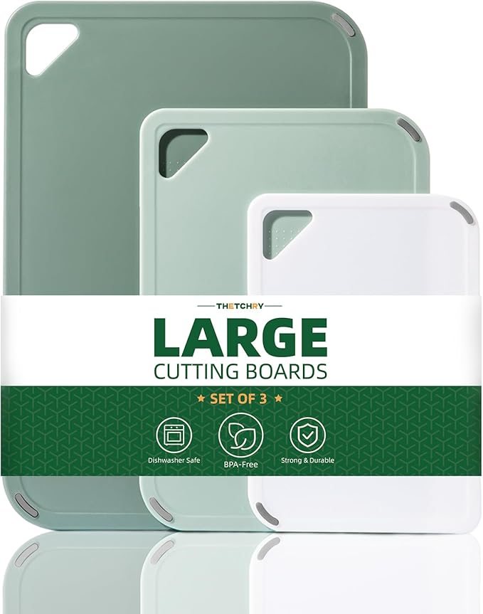 Plastic Cutting Board Set of 3-Cutting Boards for Kitchen BPA Free | Large-Small Chopping Boards, Non-Slip for Cooking, Dishwasher Safe, Camping, Portable, with Grip Handle, Sage Green