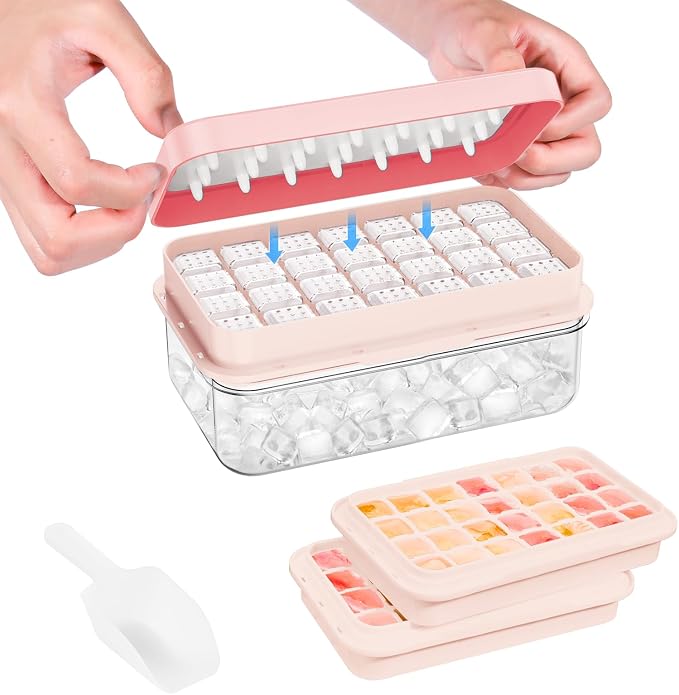 Ice Cube Tray with Lid and Bin, Easy Release 56 Cubes for Freezer | Food-grade BPA-free PP and ABS. Ice cubes for fruit, cocktails, iced coffee. Space-saving stackable with scoop