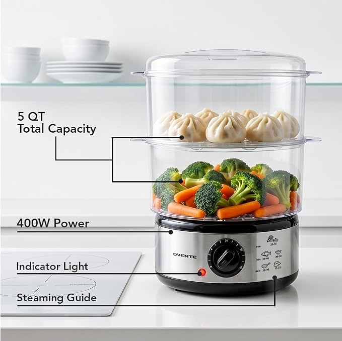 OVENTE 2-Tier Electric Food Steamer, 5 Qt Stainless Steel, Silver FS62S | Stackable Steam Cooker with 400W Power, 60-Minute Timer & Auto Shut-Off, Dishwasher Safe, Healthy Vegetables, Seafood & More