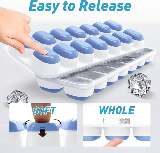 ChefAide Ice Cube Tray with Lid and Bin, 3 Packs 42 Cubes Silicone Plastic Ice Cube Trays for Freezer, Stackable Ice Tray with Container, Ice Scoop for Drinks, Coffee and Cocktails
