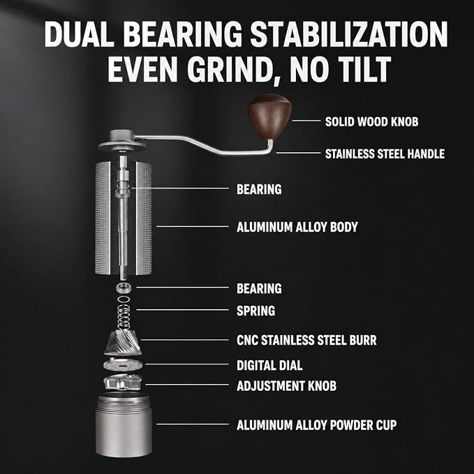 Manual Coffee Grinder - Stainless Steel Burrs, Adjustable Grind Settings, Portable Hand Crank for Espresso, Drip, French Press - Compact, Durable, Ideal for Home & Travel (Silver)