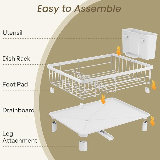 SNTD Dish Drying Rack for Small Kitchen Counter, 11" W x 15" L, White | Space Saving, Rotating Spout & Angled Drainboard for Quick Drainage, Stainless Steel, Removable Utensil Holder