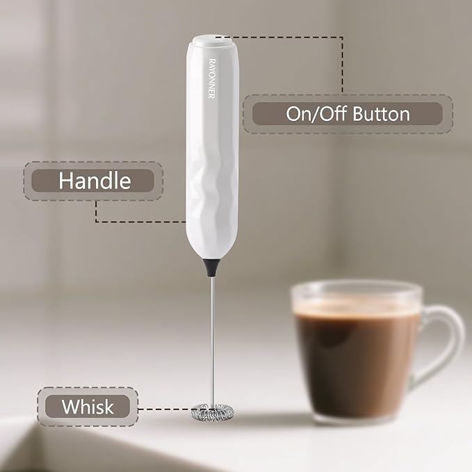 RAYONNER Kitchen Milk Frother Handheld Coffee Frother Foam Maker White | Fast Powerful Drink Mixer, Stainless Steel Whisk, For Coffee, Latte, Matcha
